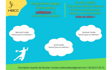 NOUVEAU : Stage &quot;collégiens&quot;  du 3 au 5 juillet !